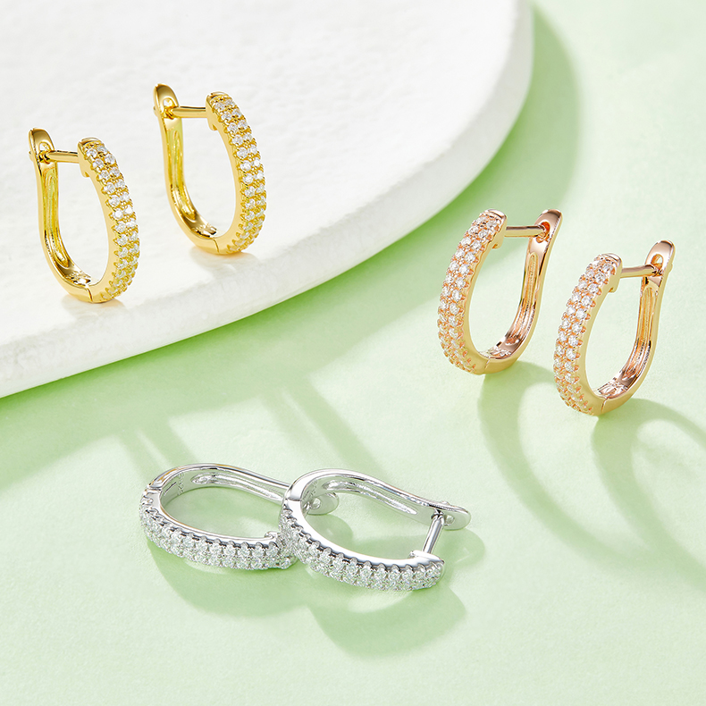 S925 Sterling Silver Moissanite Huggie Hoop Earrings  Pave U Shaped Earrings With GRA Certificate Platinum Or Rose Gold Or Gold Plated Jewelry Gift Box Set For Women