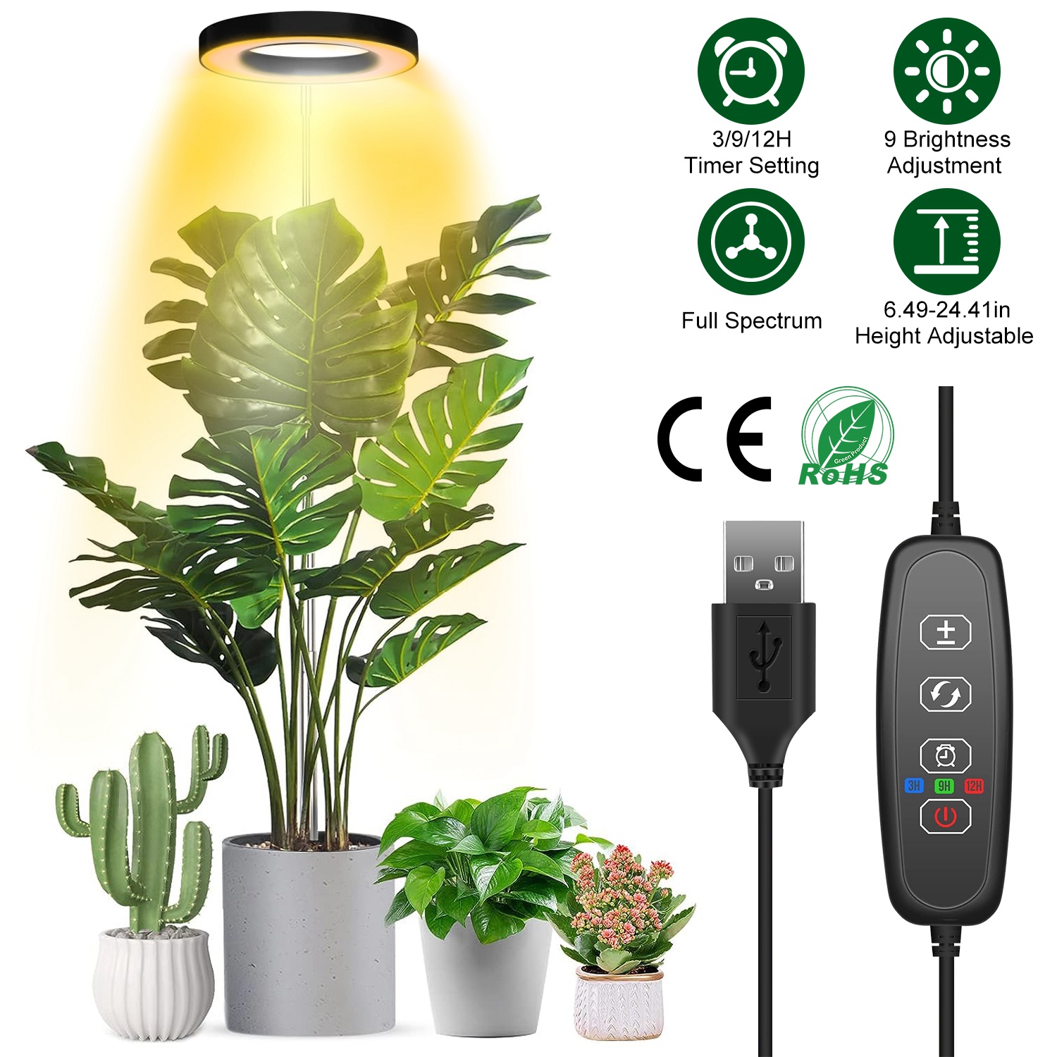 1Pc Plant Grow Light LED Full Spectrum Circle Growing Lamp With 3-9-12Hours Auto Timer Setting 9 Dimmable Brightness Height Adjustable For Indoor Plants - Image 1