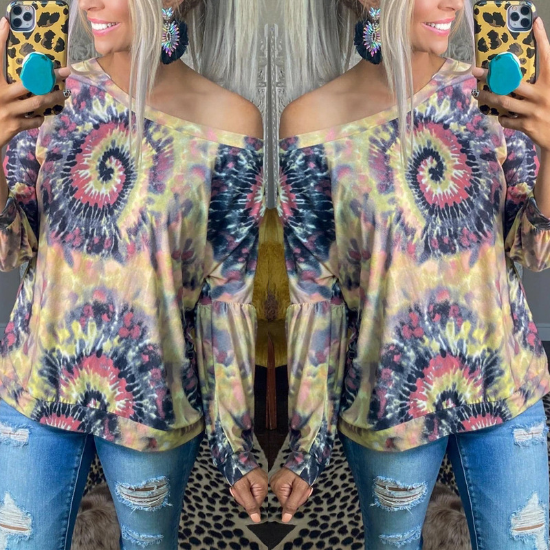 Women Printed Long Sleeve Crew Neck Loose Casual Top