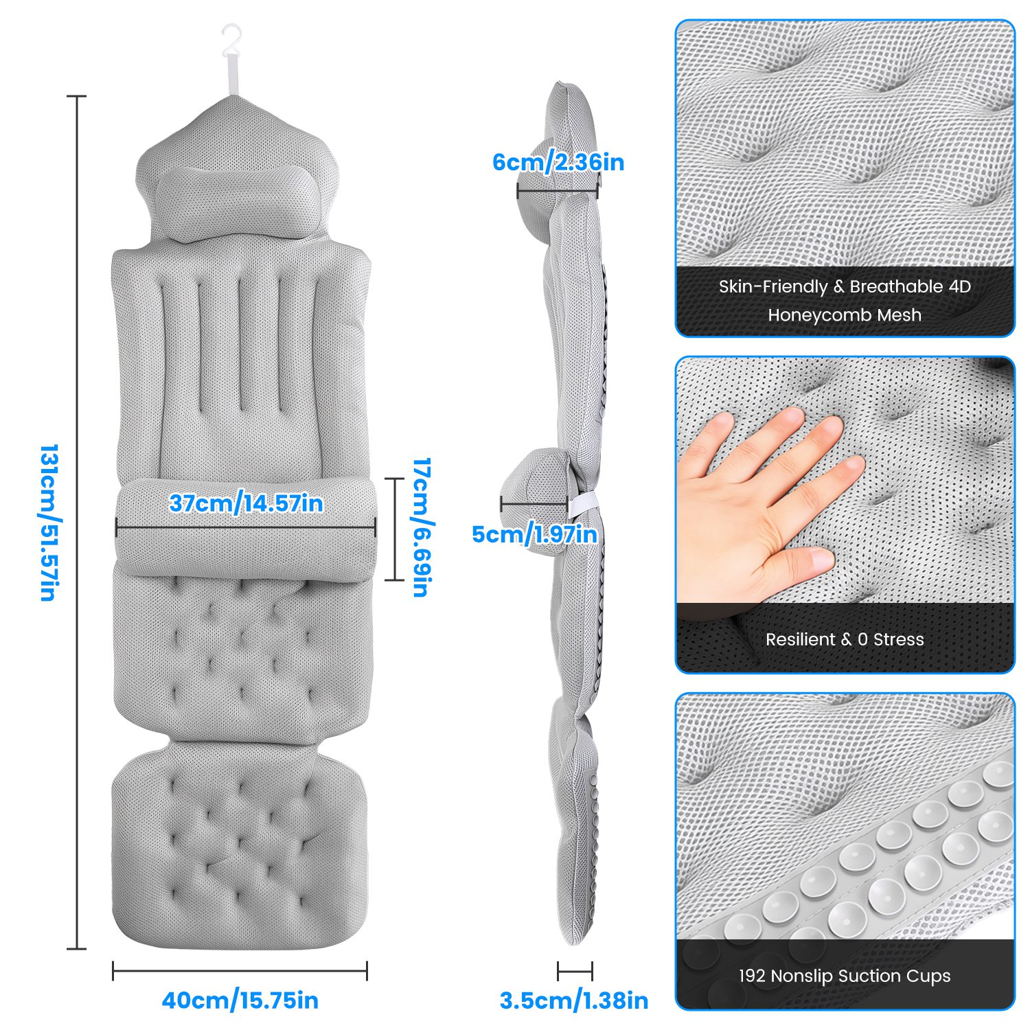 1Pc Full Body Bath Pillow With Headrest Lumbar Support Quick-Drying Bathtub Cushion With Breathable 4D Honeycomb Mesh Cushion Nonslip Machine Washable