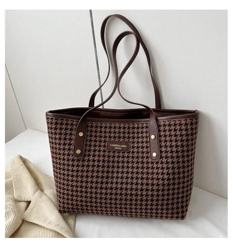 Houndstooth Shoulder Bag Winter Fashion Commuting Handbags WOmen Large Capacity Totes Casual Shopping Bag - Coffee