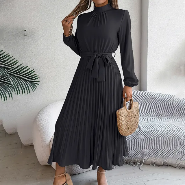 Elegant High Neck Long Sleeve Pleated Maxi Dress Solid Color Flowy Dress For Women, Casual To Formal Wear Black - Shop at LoveMi