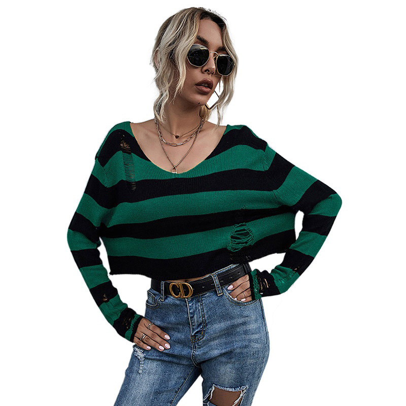 Title 1, New Big V-neck Striped Sweater Ripped Knit Swea...