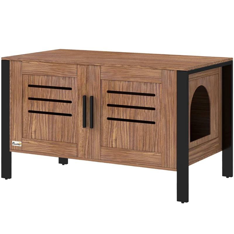 PawHut Cat Litter Box Enclosure With Tall Legs, Scratching Board, Dark Brown,