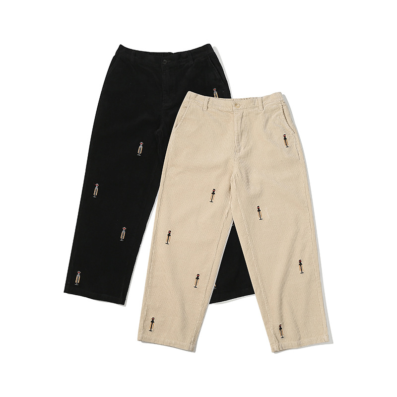 Men's Fashion Casual Loose Embroidered Corduroy Straight Wide-leg Pants