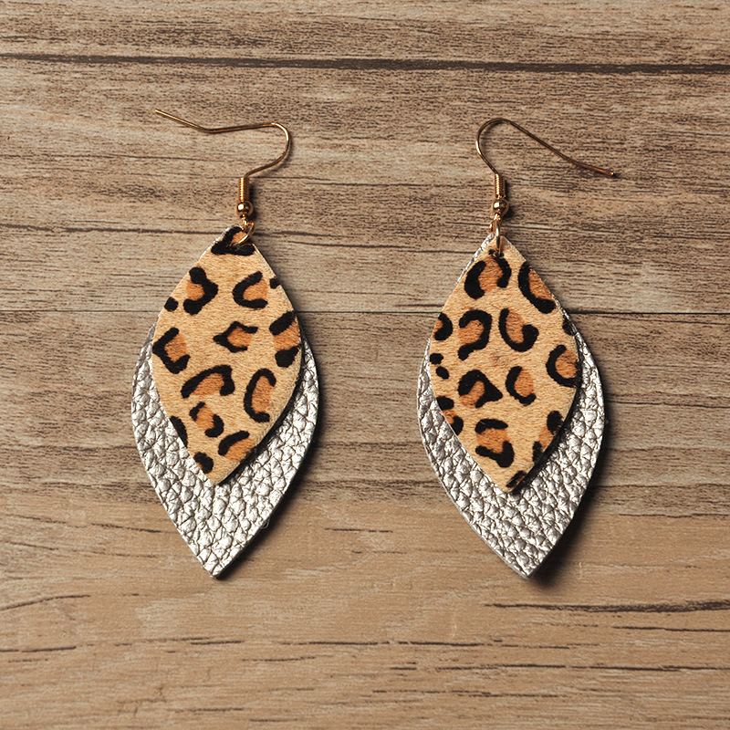 Leopard Print Leaf-shaped Double Layer Ladies Earrings Artificial Leather Earrings