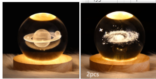 Kleine nachtlamp met kristallen bol, sterrenhemel en planeten – massiefhouten lampvoet, zonnestelsel 6 cm, 2 stuks
