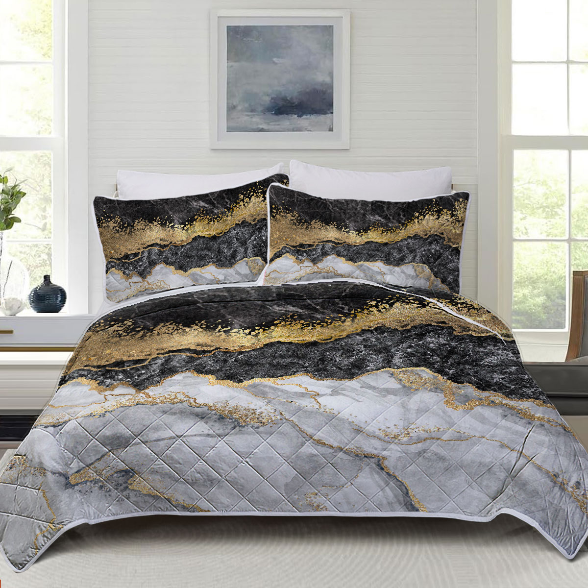 Marble Quilt Set 3 Piece, Lightweight Microfiber Coverlet Black White Gold Foil Marble Bedspread Set, 1 Quilt,2 Pillow Shams