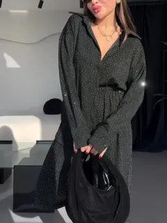Casual Shiny Long-sleeved Shirt & Elastic Waist Long Pants Set - Black - View 1