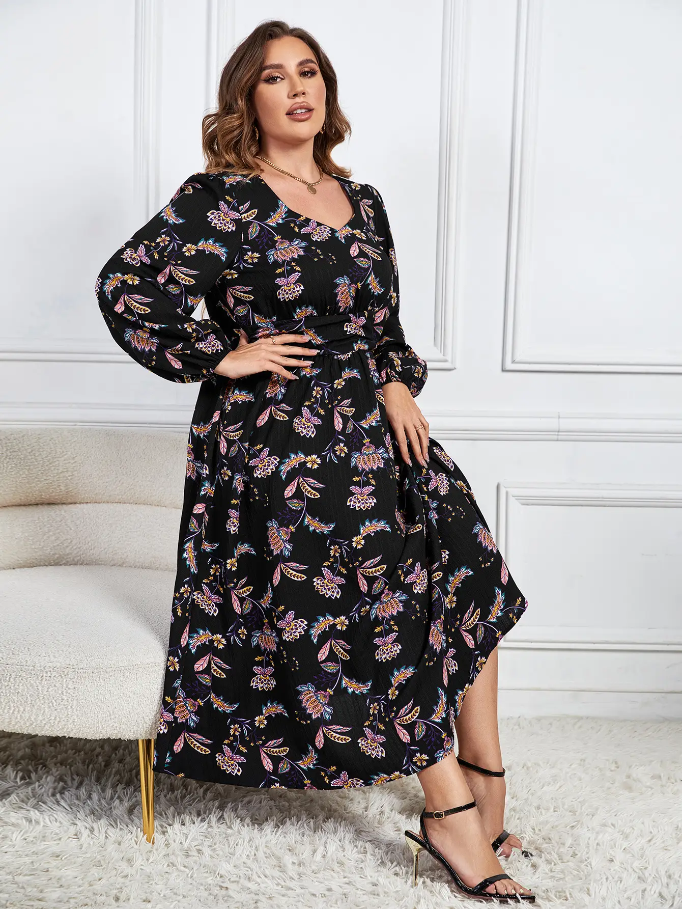 Printed Loose Temperament Waist-controlled Slimming High Waist Long Sleeves Floral Dress