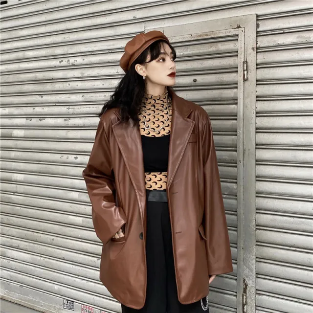 Fashion Spring And Autumn Drape Niche Dark Leather Jacket Loose Retro Coffee - Shop at LoveMi