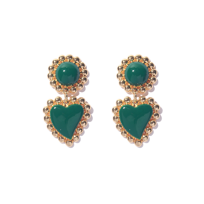 Handmade Oil Dripping Retro Hong Kong Style French Elegant Heart-shaped Lace Green Earrings