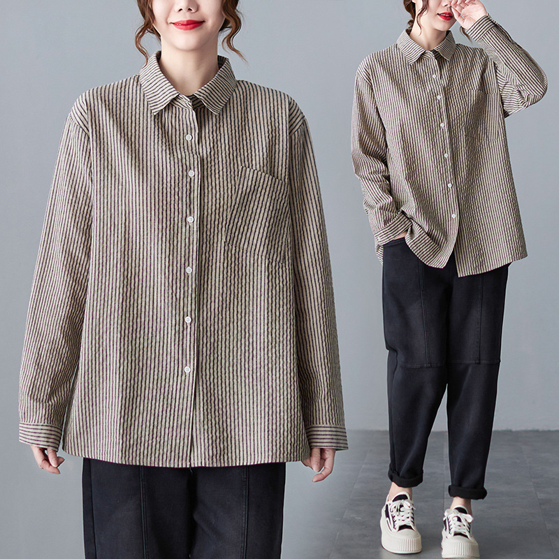 Women's Long Sleeve Loose Vintage Casual Striped Shirt