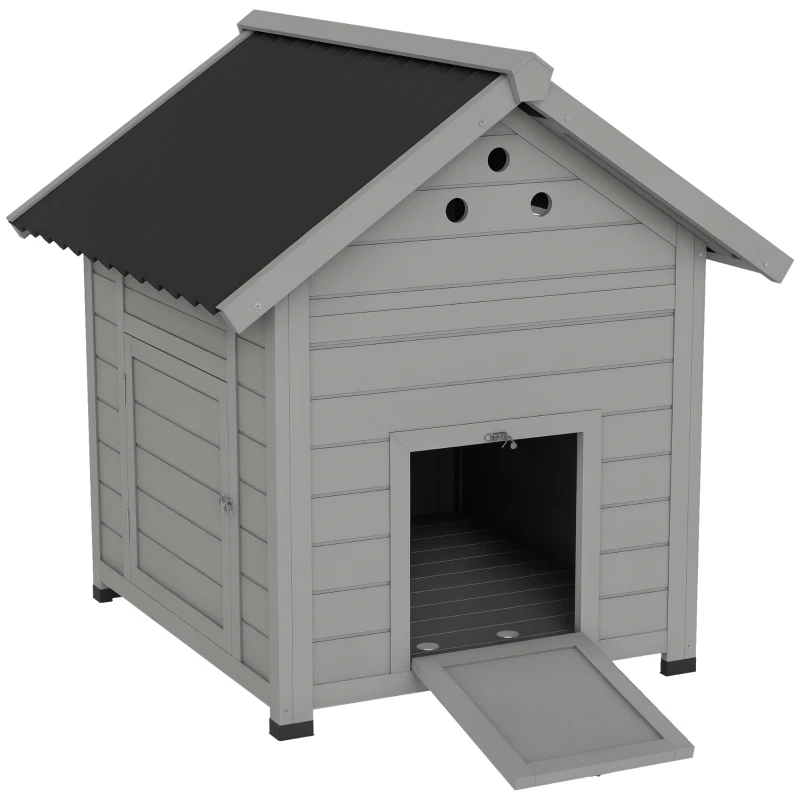 Coop de canard, maison de canard en bois avec toit ouvert et portes doubles, gris clair