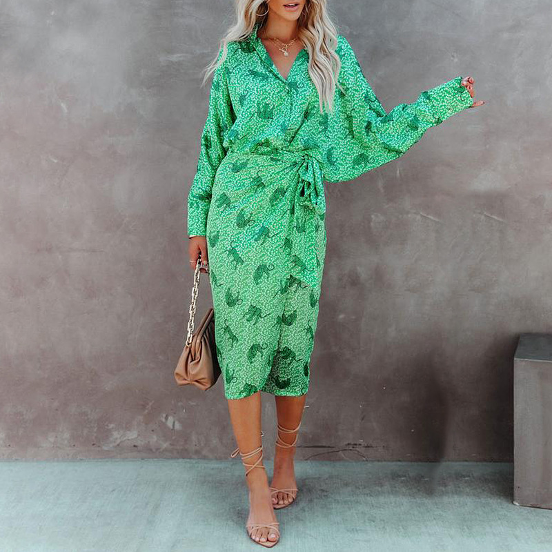 Printed Long Sleeve Lapel Irregular Shirt Dress