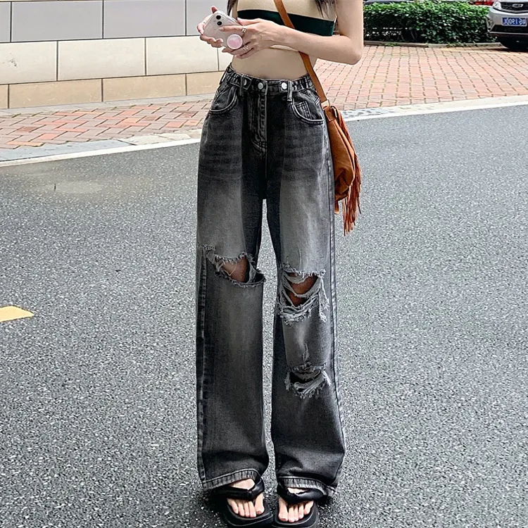 Women's Retro High Waist Ripped Jeans - Grey