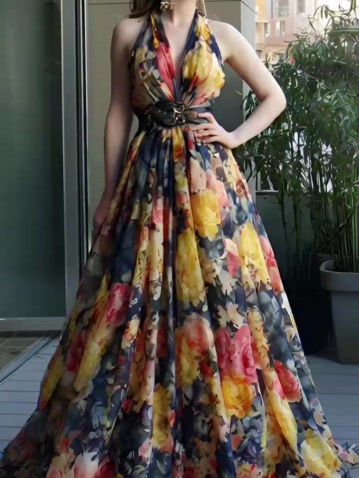 Vestido Largo de Fiesta con Escote Profundo y Cinturón Metálico - Estampado Floral - imagen 1