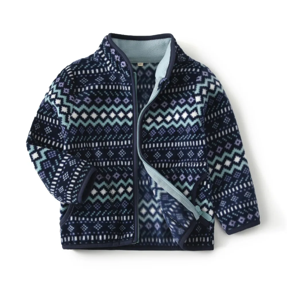 Baby Polar Fleece Jacket Navy Blue Striped Thin Long Sleeve Stand Collar Top