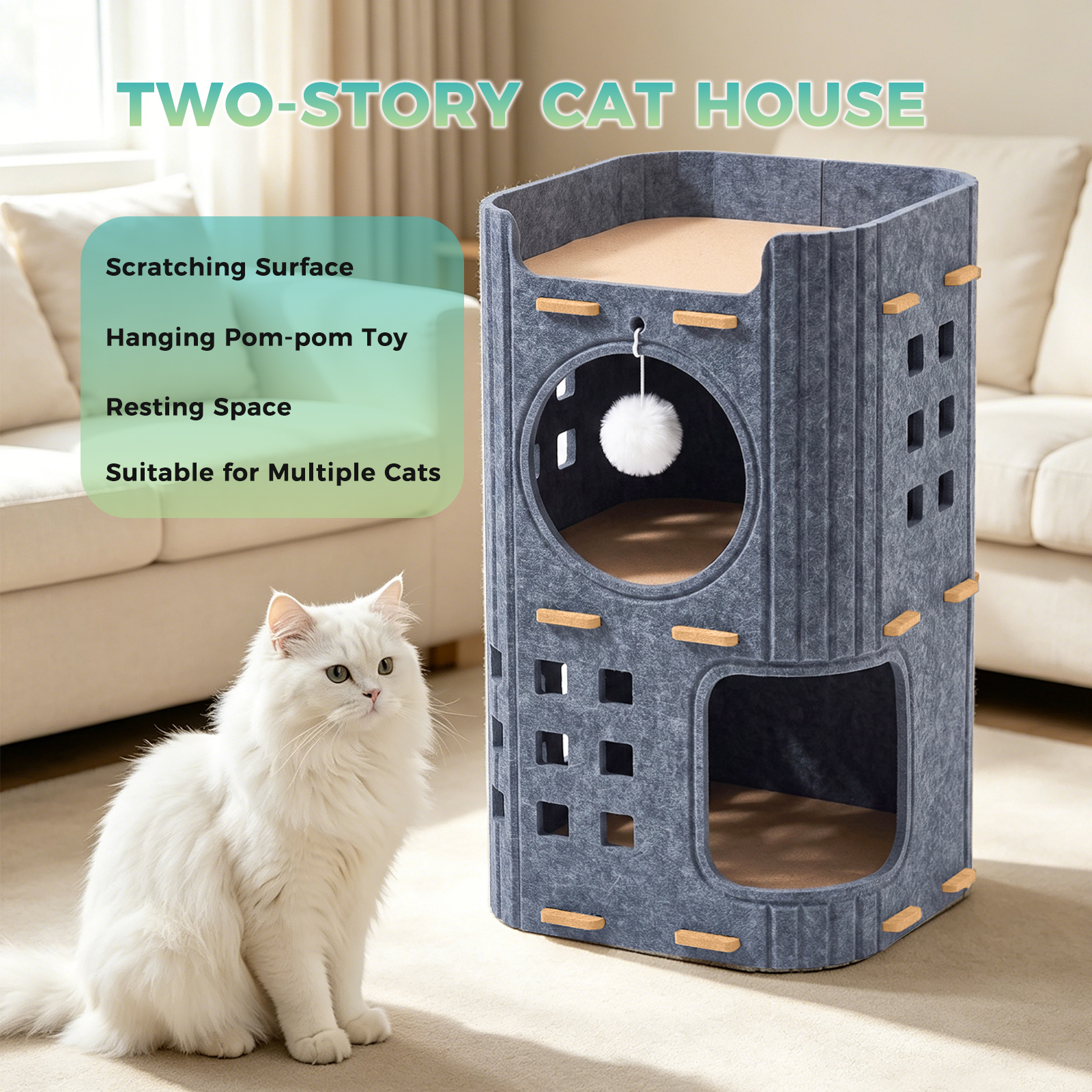 3-Tier Felt Cat Tower House, Multi Level Cat Cave Condo, Indoor Stackable Cat Hideaway Shelter With Hanging Toy Ball — foto 5