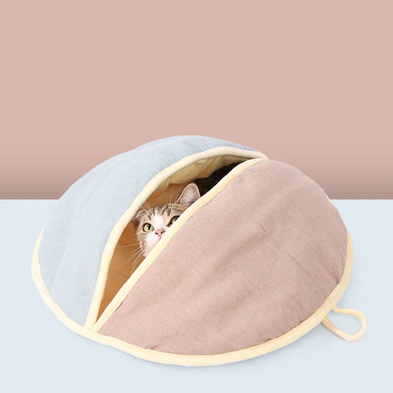 Round Fan Cotton And Linen Wool Warm Semi Enclosed Pet Nest For Cat Small Dog – image 2