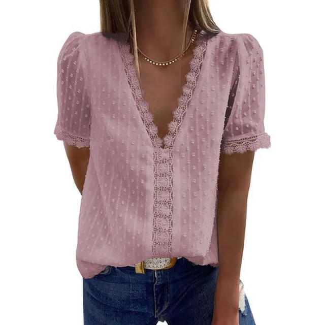 Summer New Solid Color Jacquard V Neck Short Sleeved Blouse Women Pink - Shop at LoveMi