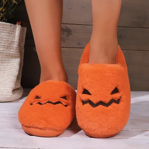 Cute Halloween Pumpkin Slippers Winter Warm Plush Bedroom Floor