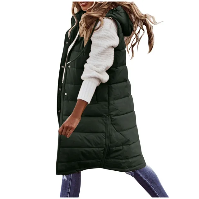 Women's Solid Color Sleeveless Down Jacket Long Winter Coat - Green