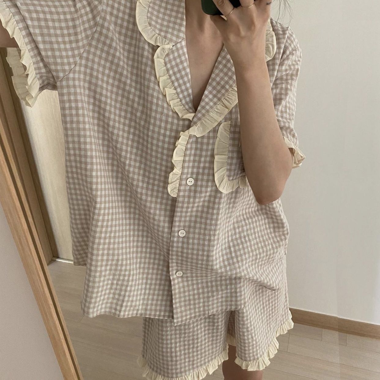 Title 3, Korean Ins Wooden Ear Lace Plaid Nightdress Fem...