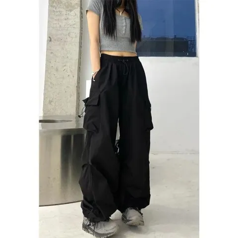 New Loose Straight Wide Leg Large Pocket Casual Retro Corset Pants Black - Shop at LoveMi