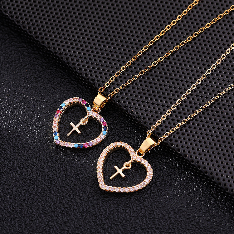 Micro Inlaid Colorful Zircon Geometry Cross Pendant Heart Necklace