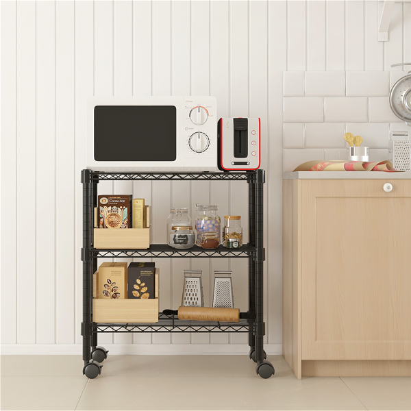 3-Tier Rolling Metal Shelf – Black Utility Cart with 1.5" Wheels