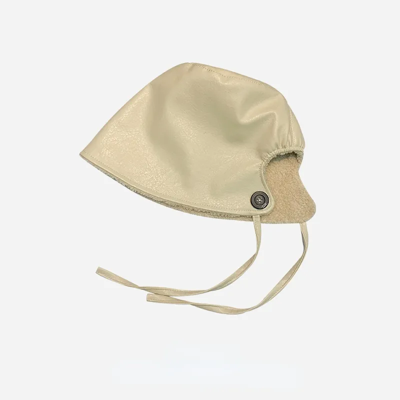 Lace Up Basin Hat With Rear Split PU Leather - Beige