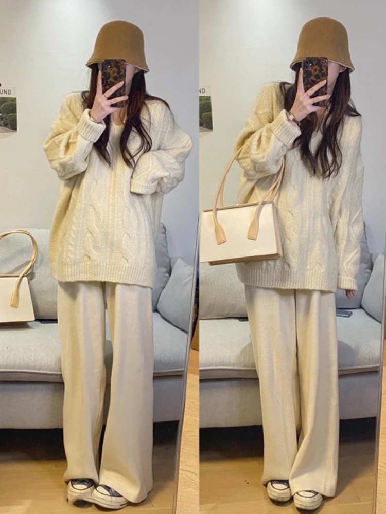 Sweater Wide-leg Pants Two-piece Female Autumn And Winter Western Style Age Reduction Suit