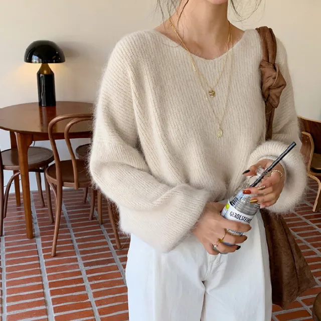 Mohair Pullover V neck Padded Sweater Woman Apricot - Shop at LoveMi