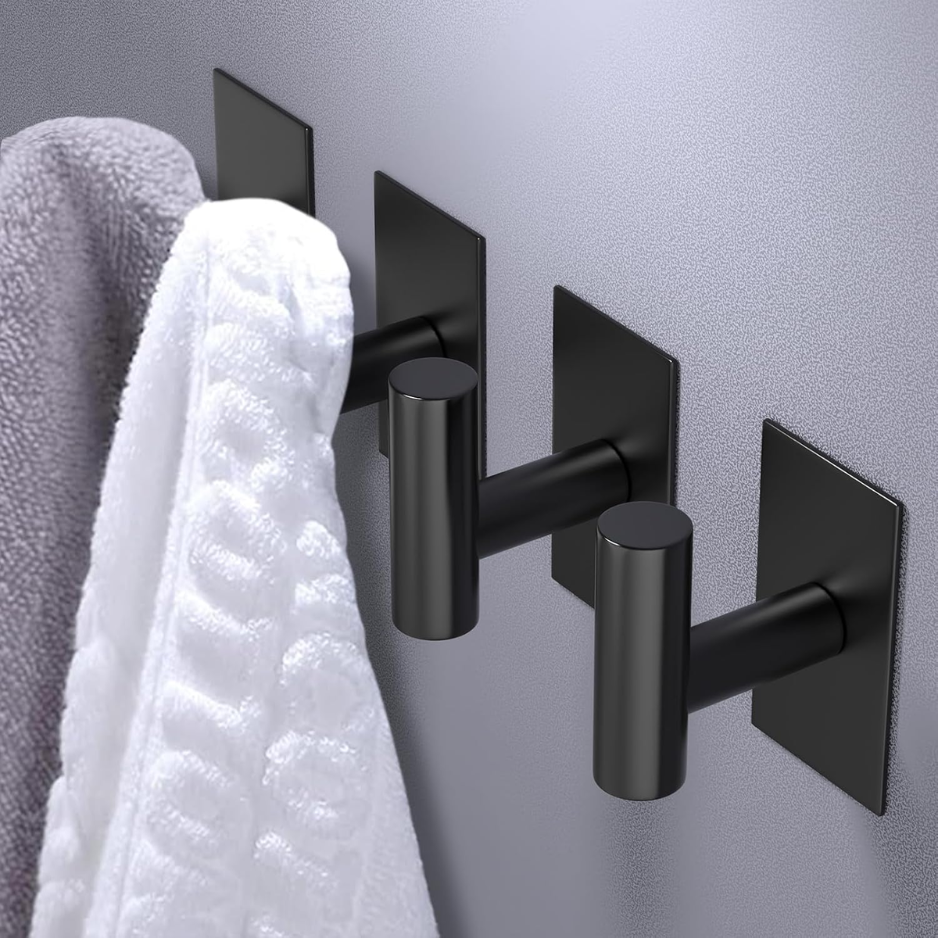 Wall Towel Hooks Heavy Duty Sticky Holder Waterproof Towel Hooks For Hanging Coat Clothes Black 2 Pack 2