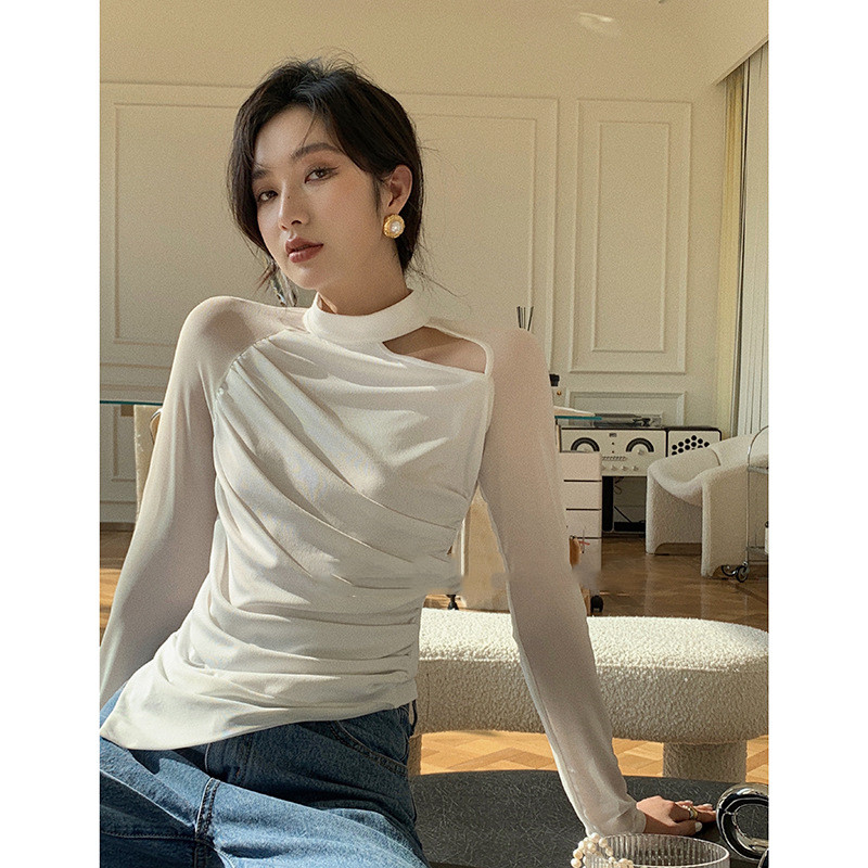 Women's Pleated Half Turtleneck Patchwork Slim Fit Bottoming Shirt