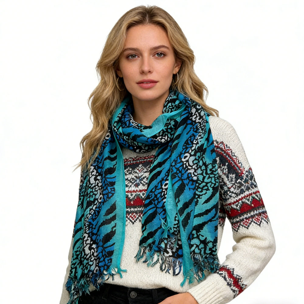 Aqua Blue Geometric Long Boho Scarf,Turquoise Printed Scarf,Versatile Everyday Scarf ,Pairs With All Casual Outfits,Office Appropriate Subtlety For Women Men