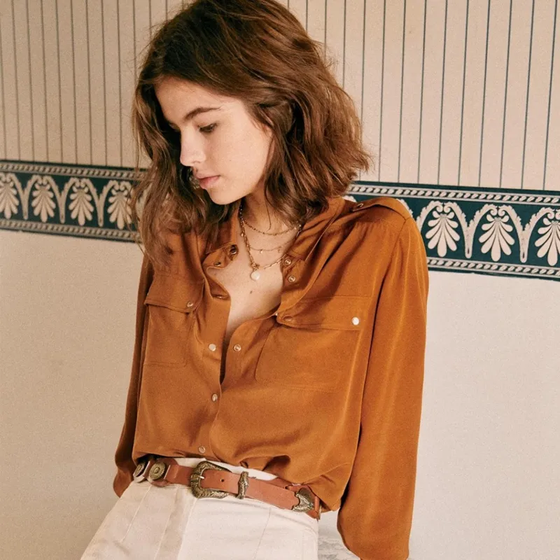 Women's Summer French Niche Solid Colour Silk Shirt Top - Ginger