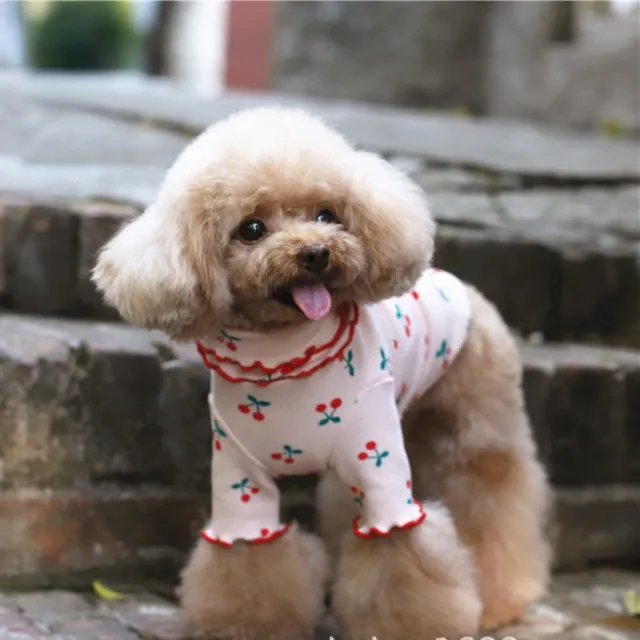 Cotton Cherry Print Wavy Edge Lapel Top Dog Clothes Pink - Shop at LoveMi