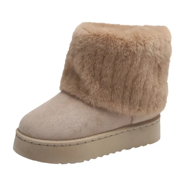 Thick soled Plush Snow Boots Winter Warm Mid tube Furry Cotton Shoes For Women Short Boot Khaki - Shop at LoveMi