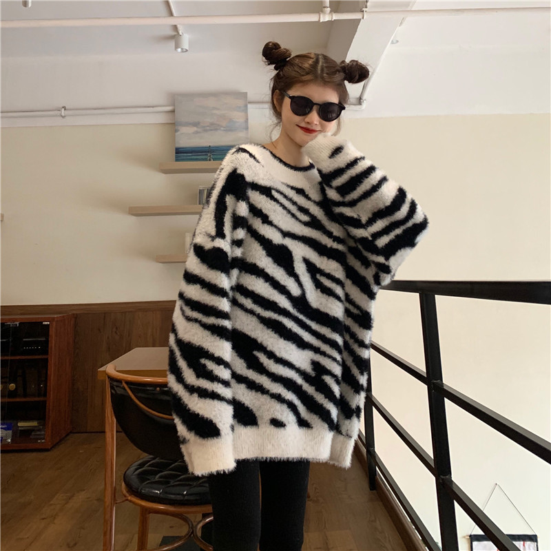 Title 4, Lazy Style Zebra Print Faux Mink Loose Sweater