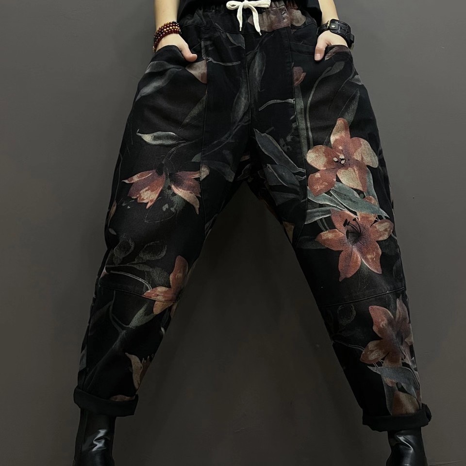 Spring New Literary Large Size Printed Denim Old Dad Pants
