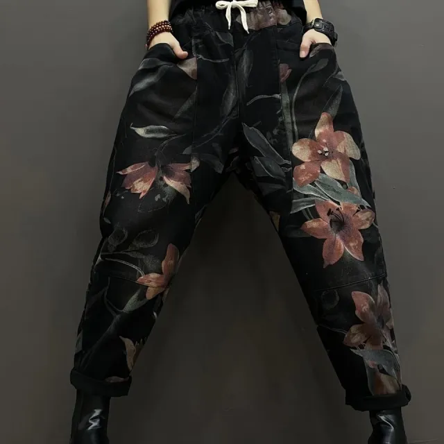 Spring New Literary Large Size Printed Denim Old Dad Pants Saffron - Shop at LoveMi