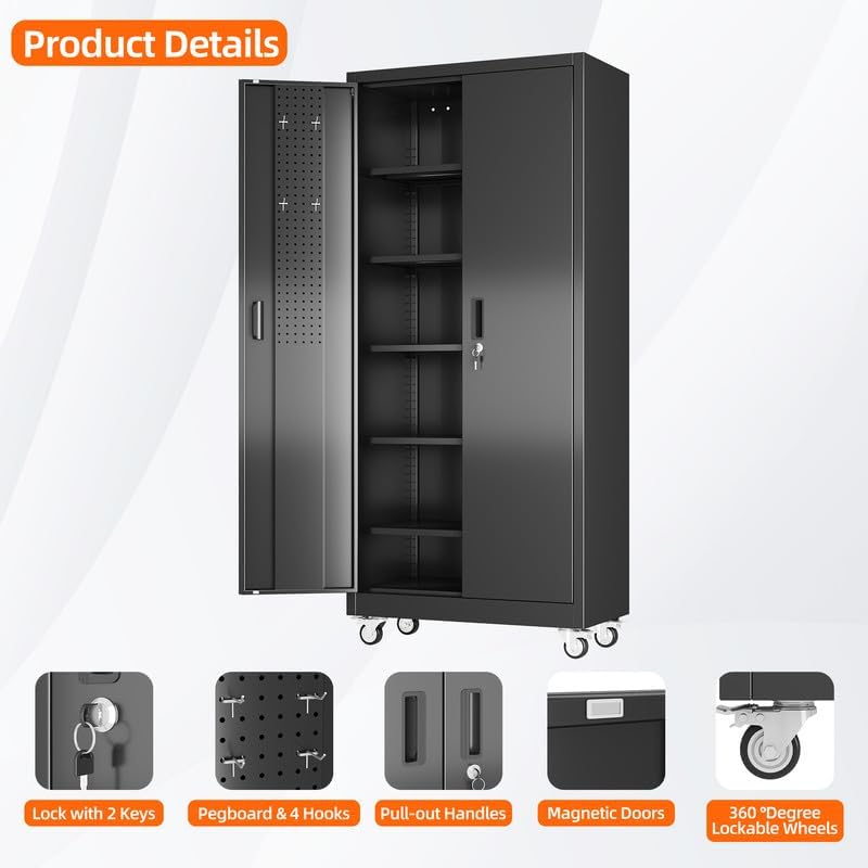 Aobabo Metal Storage Cabinet With Wheels And Door Pegboard Garage And Business Storage For Tools And Office Supplies 5 Adjustable Shelves, Lockable Black Cabinet — foto 5