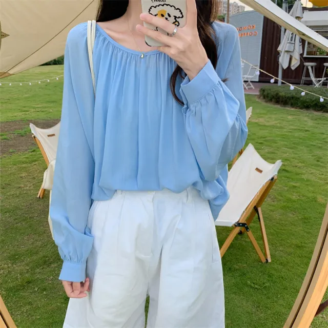 Version Loose Long Sleeve Chiffon Shirt With Lace Up Front And Back Blue - Shop at LoveMi
