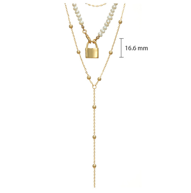 Fashion Pearl Necklace Real Gold Plated Small Lock Pendant Sweater Chain Necklace