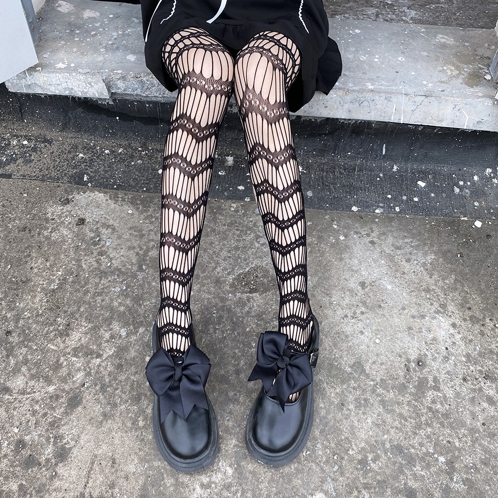 Stocking, Internet Celebrity, Diamond Shaped Lines, Black Silk, Thin Design, Japanese Retro Knee Length Stockings For Women
