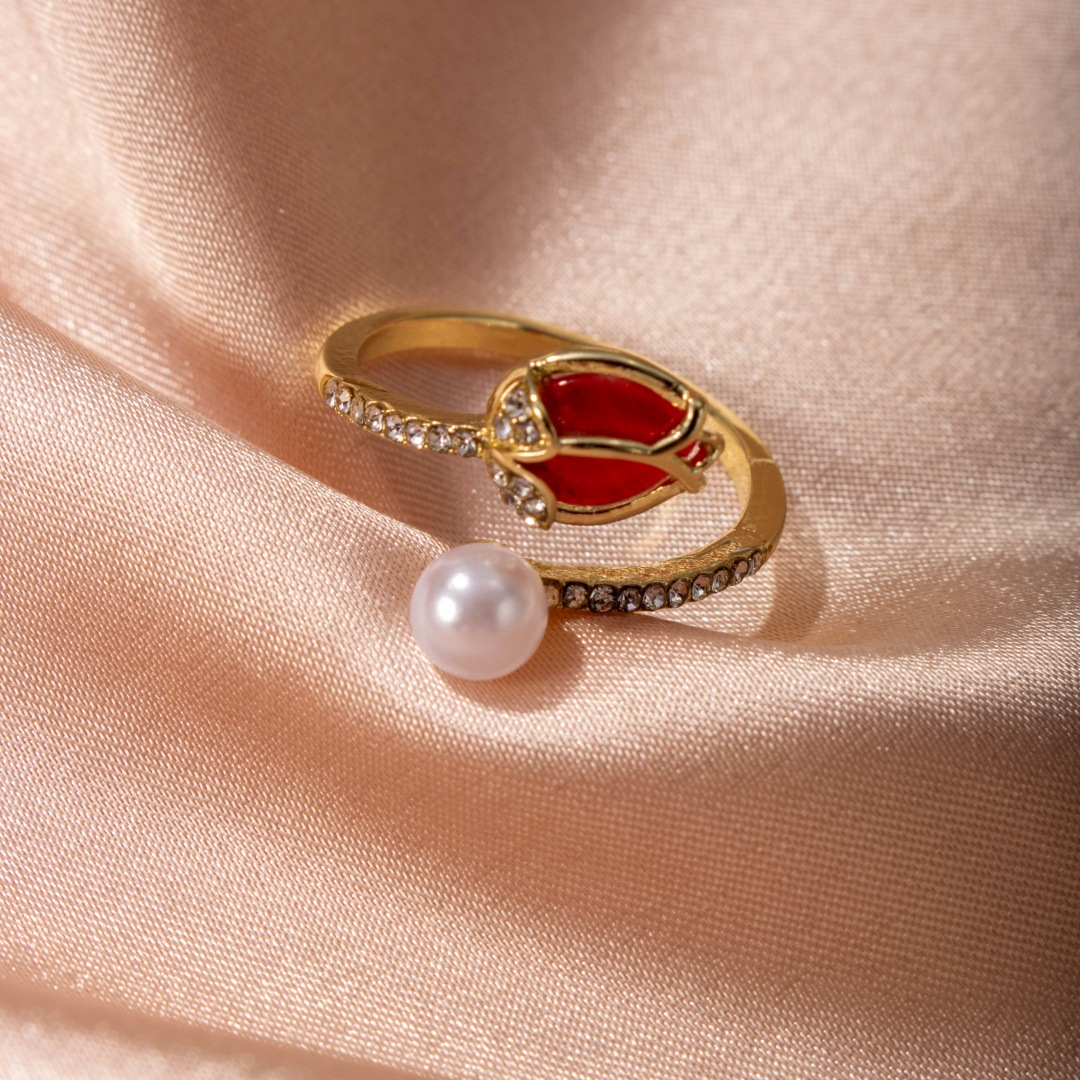 Tulip Bud Pearl Ring For Women, Fashion Niche Design Index Ring, Korean & Japanese Trendy Finger Jewelry