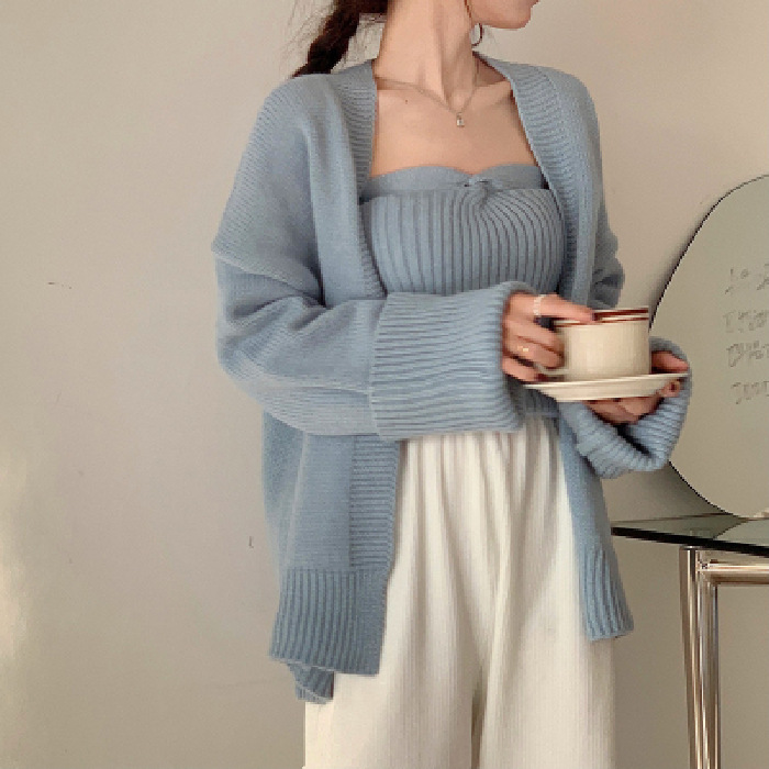 Fashionable Western Style Two-piece Knitted Short Tube Top Loose Sweater Jacket