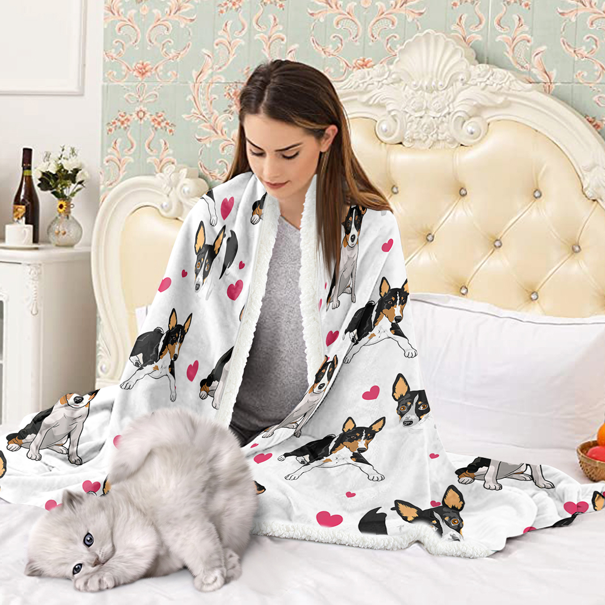 Rat Terrier Throw Blanket, Dog Lover Gift Blanket Reversible Plush Fluffy Red Heart Rescue Dog Sherpa Fleece Bedding For Kids Teens 6